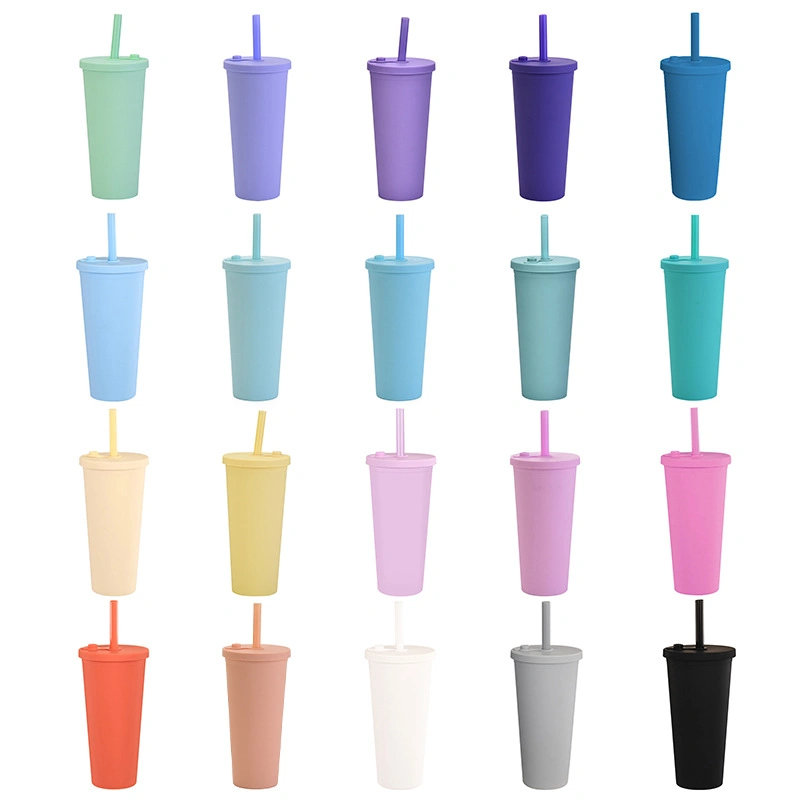 Factory Custom Logo Multi Color 24oz Double Wall Tumblers Plastic Boba Bubble Tea Reusable Cup with Straw