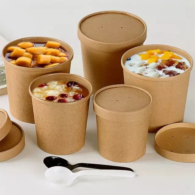 21oz 28oz 500ml 750ml 1100ml 1380ml Brown Kraft Bamboo Paper Food Container with PLA Lids