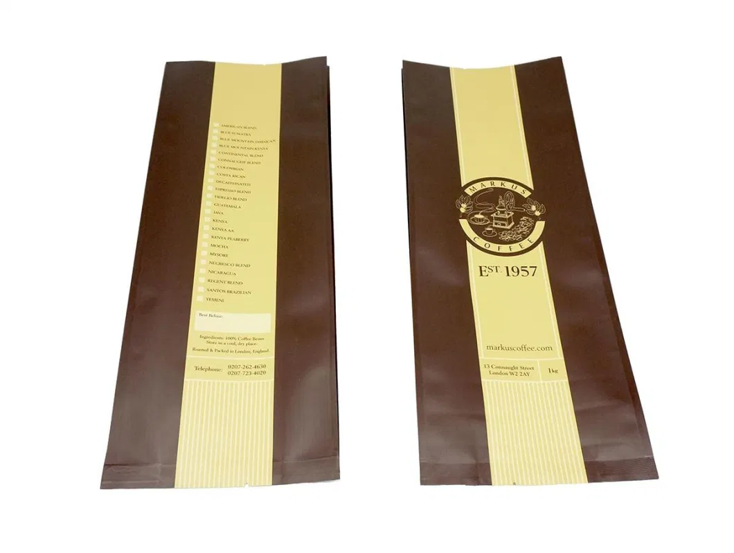 Custom Printed Food Grade Side Gusset Quad Seal Plastic Coffee Packaging Pouches Bag