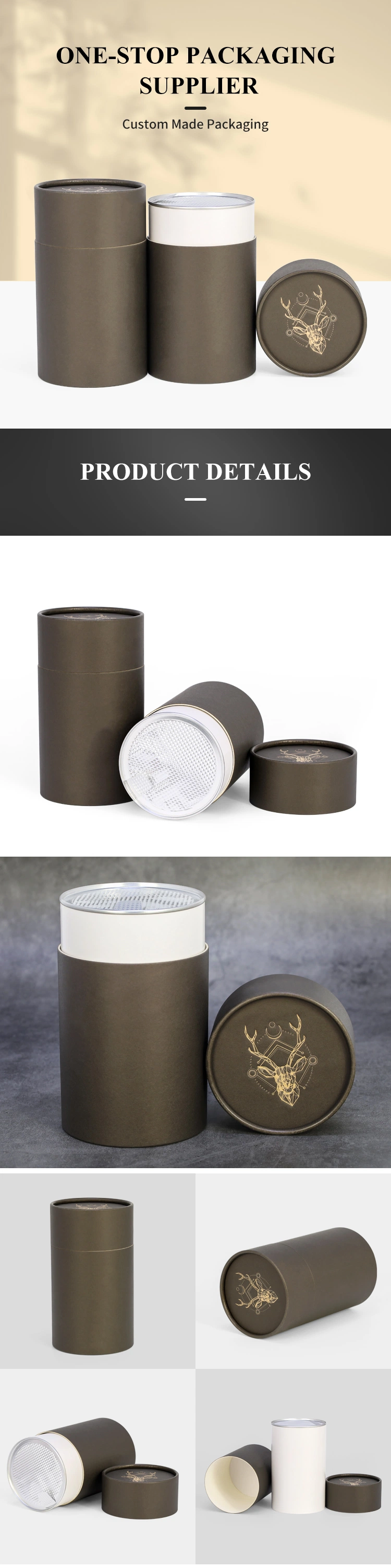 High Quality Custom Luxury Round Storage Paper Tube Box Paper Metal Lid Cylinder Aluminum Foil Tea Loose Powder Packaging