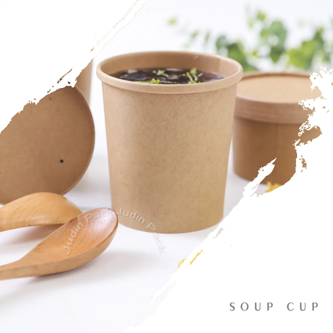 Compostable Customized Logo Kraft Paper Soup Storage Containers with Lids - Take out Disposable Food Storage