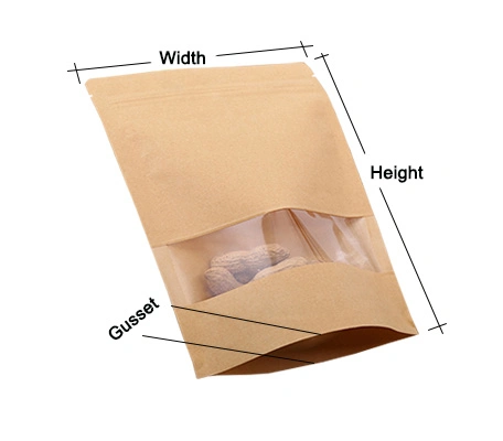 Stand up Zipper Brown Kraft Paper Resealable Ziplock Heat Sealable Food Storage Doypack Packaging Pouches Bag with Clear Window