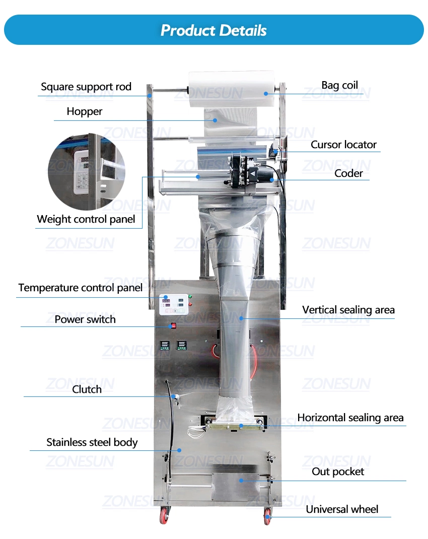 Zonesun 10-1000g Large Capacity Automatic Filling Sealing Machine Food Coffee Bean Grain Power Bag Back Seal Packaging Machinery