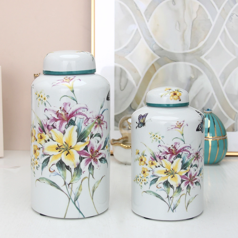 J043 Modern Porcelain Lily Pattern Tea Jar Canister Ceramic Cylinder White Flower Decor Jar with Lid