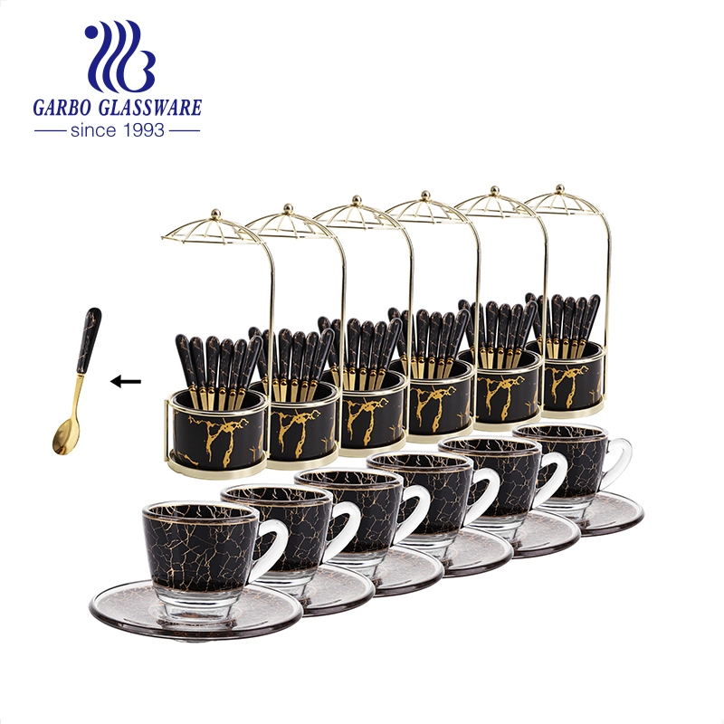 Marble Design Dinnerware Set Spoon&amp; Glass Mug with Saucer for Enjoying Afternoon Tea