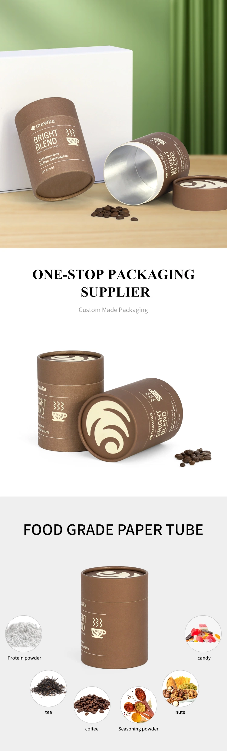 Custom Food Grade Recycled Cardboard Cylinder Loose Leaf Tea Coffee Packaging Box Round Black Kraft Paper Tube Packaging