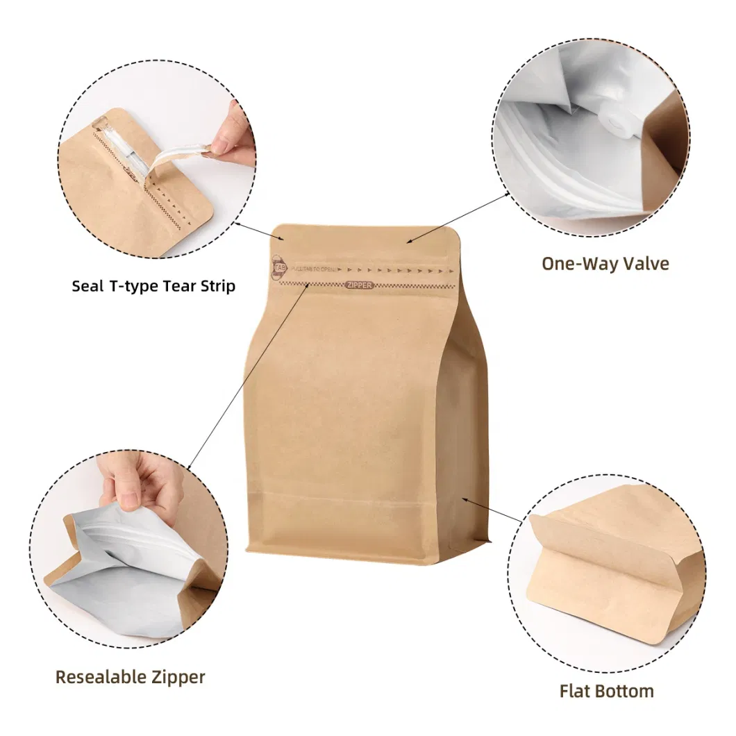 Kraft Paper Resealable 1kg 500g 250g Matt Flat Bottom White Plastic Aluminum Foil Pack Coffee Bag with Valve and Zipper Popular