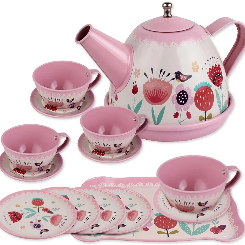 Mini Tea Afternoon Playset Prentent Exquisite House Custom Role Play Dessert Combination Pink Red Flower Tinplate Teaware Gifts Tea Set