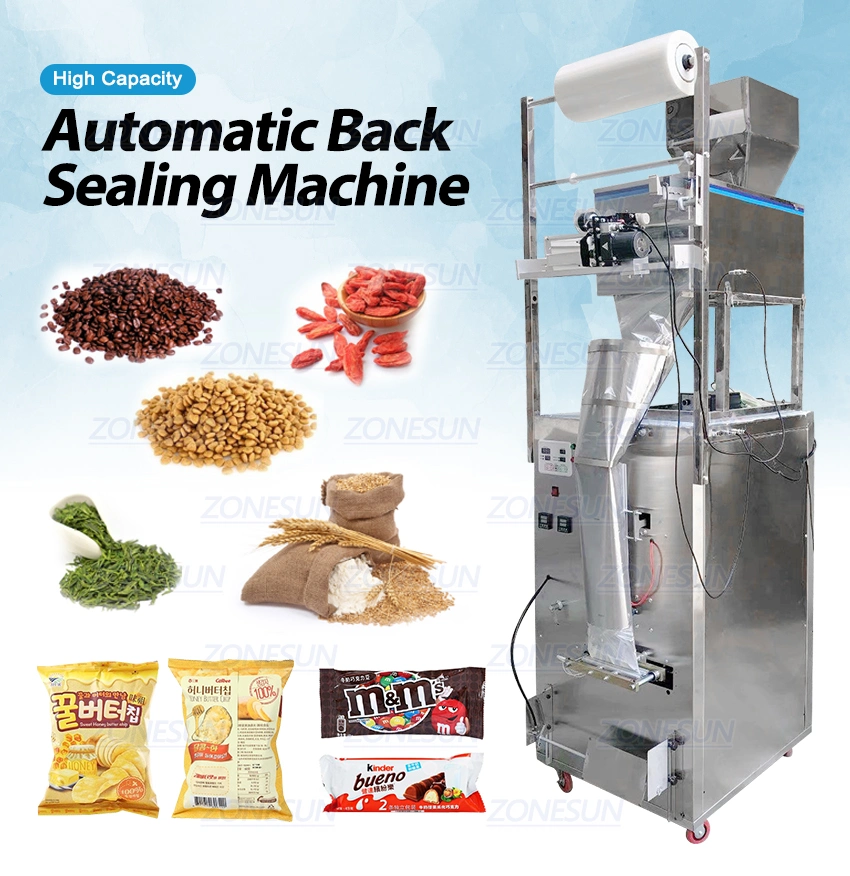 Zonesun 10-1000g Large Capacity Automatic Filling Sealing Machine Food Coffee Bean Grain Power Bag Back Seal Packaging Machinery