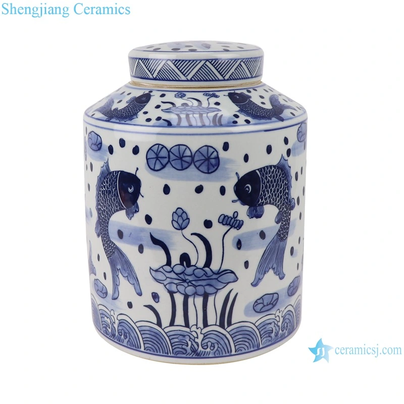 Rzsi07 Jingdezhen Blue and White Fishes and Algas Pattern Ceramic Tea Jar