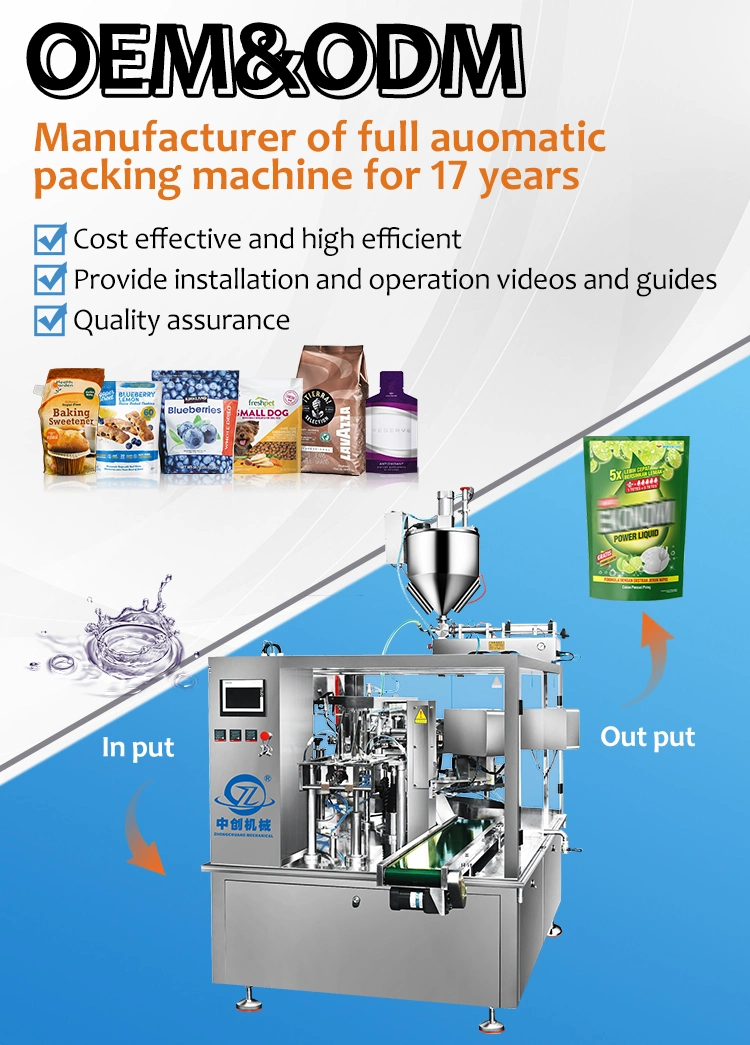 Zhongchuang Machinery Custom Automatic Rotary Stand up Spout Pouch Premade Bag Doypack Processing and Easysnap Shampoo Liquid Packing Machine