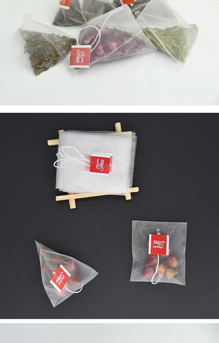 65X 80mm Pyramid Nylon Tea Bag with Cord and Label