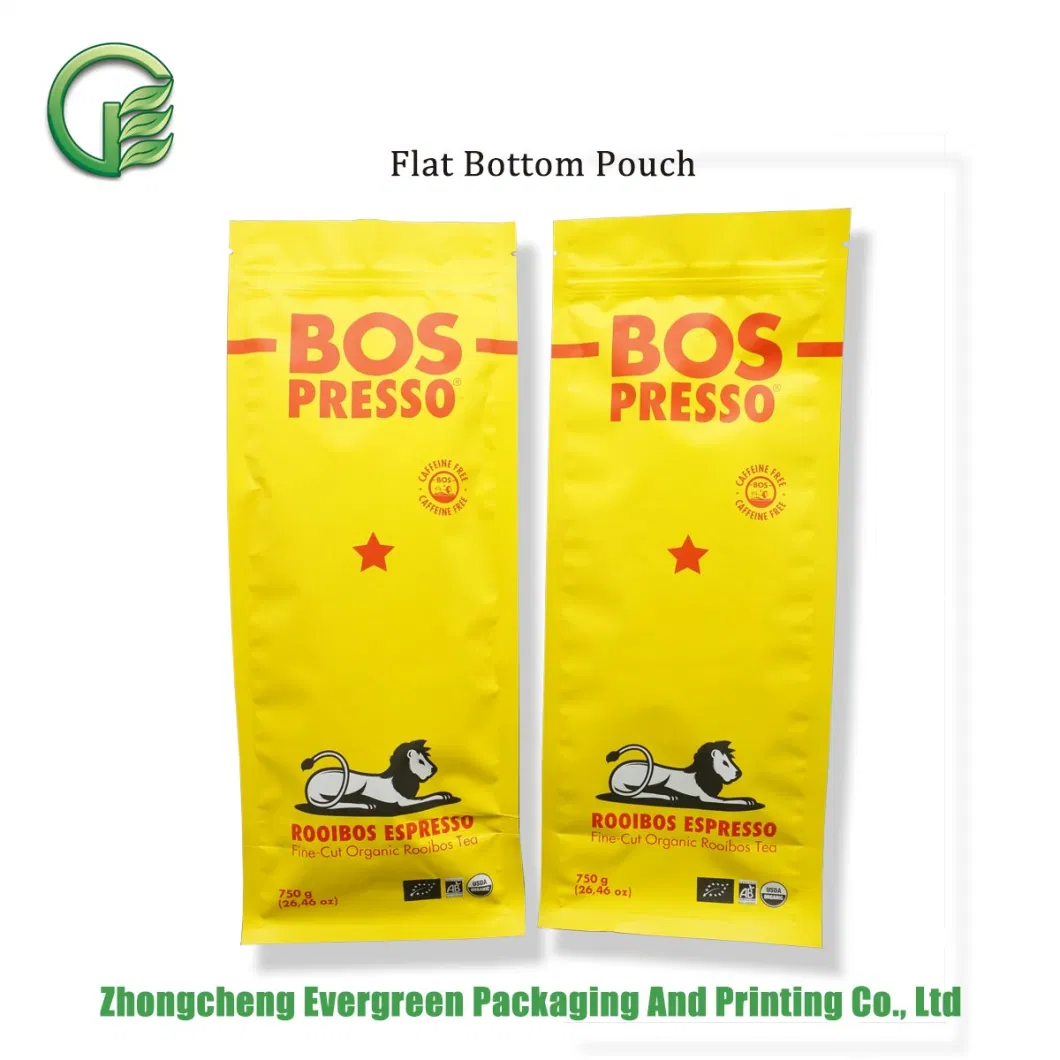 Multi Color Matt Rotogravure Printing Plastic Organic Food Packaging Pouch Coffee Tea Packaging Ziplock Quad Seal Flat Bottom Doypack Stand up Bags