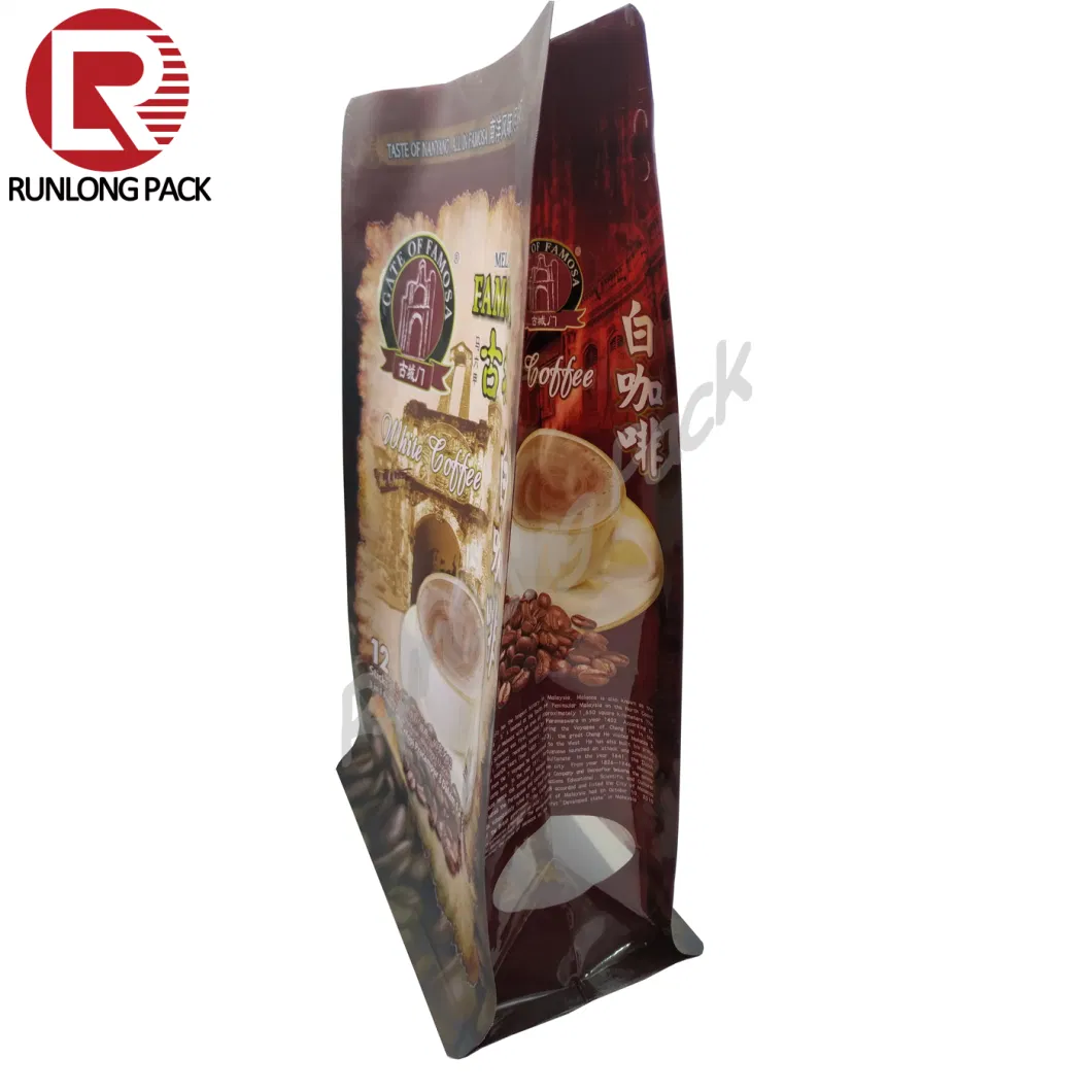 Made in China Runlong Pack 12 Oz Compostable Plastic Flat Bottom Coffee Bag with Zipper