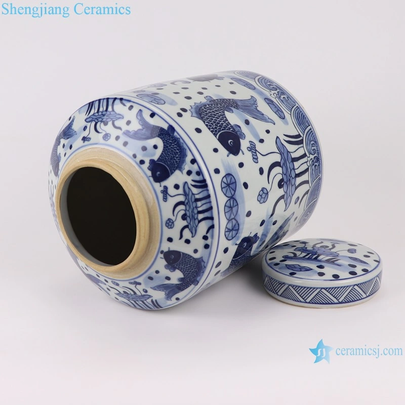 Rzsi07 Jingdezhen Blue and White Fishes and Algas Pattern Ceramic Tea Jar