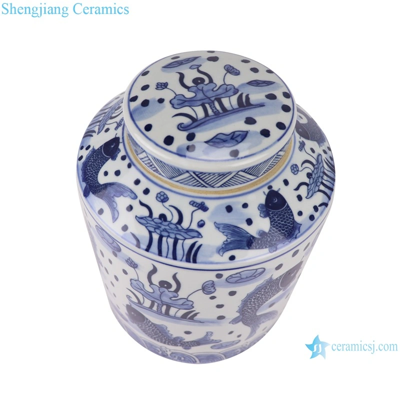 Rzsi07 Jingdezhen Blue and White Fishes and Algas Pattern Ceramic Tea Jar