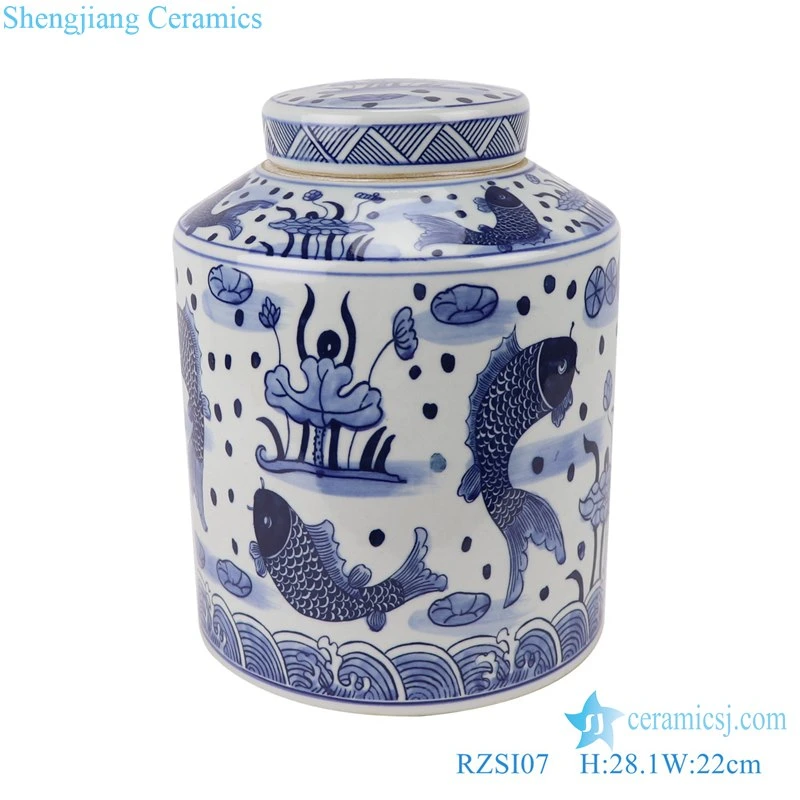 Rzsi07 Jingdezhen Blue and White Fishes and Algas Pattern Ceramic Tea Jar