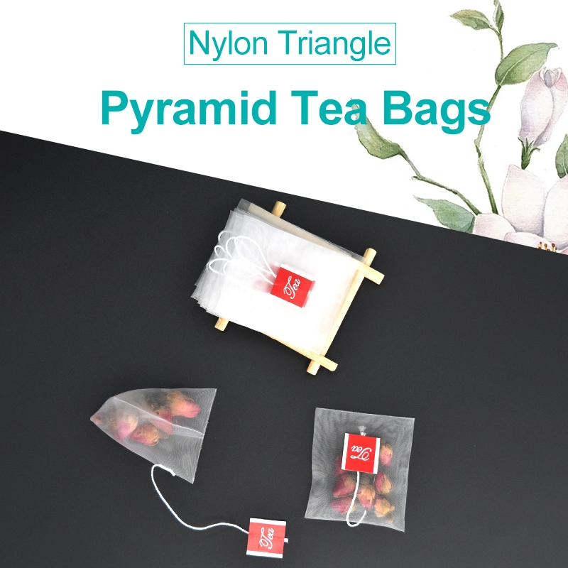 65X 80mm Pyramid Nylon Tea Bag with Cord and Label
