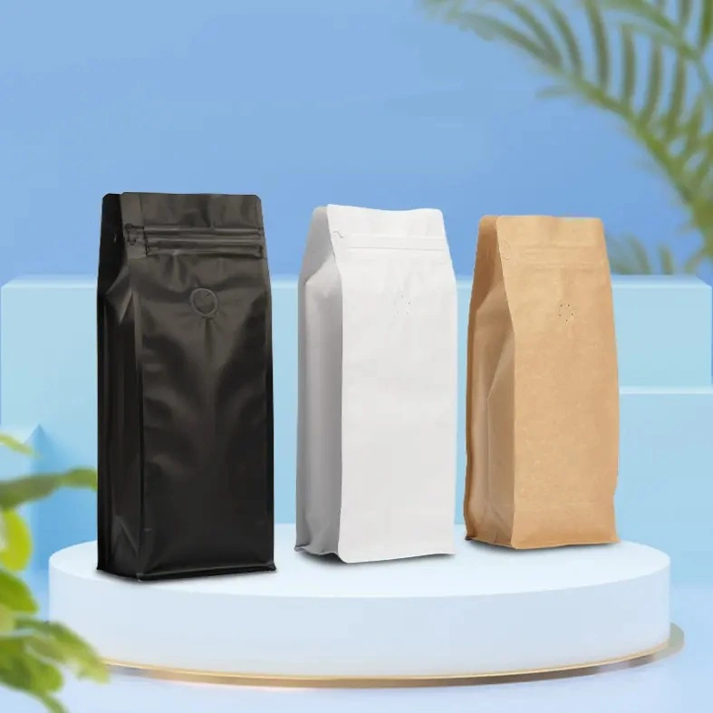 in Stock Food-Grade 8 Side Seal Flat Bottom Pouch Aluminum Foil 8oz 250g Tea Coffee Bean Packaging Bag Bag with Valve and Zipper