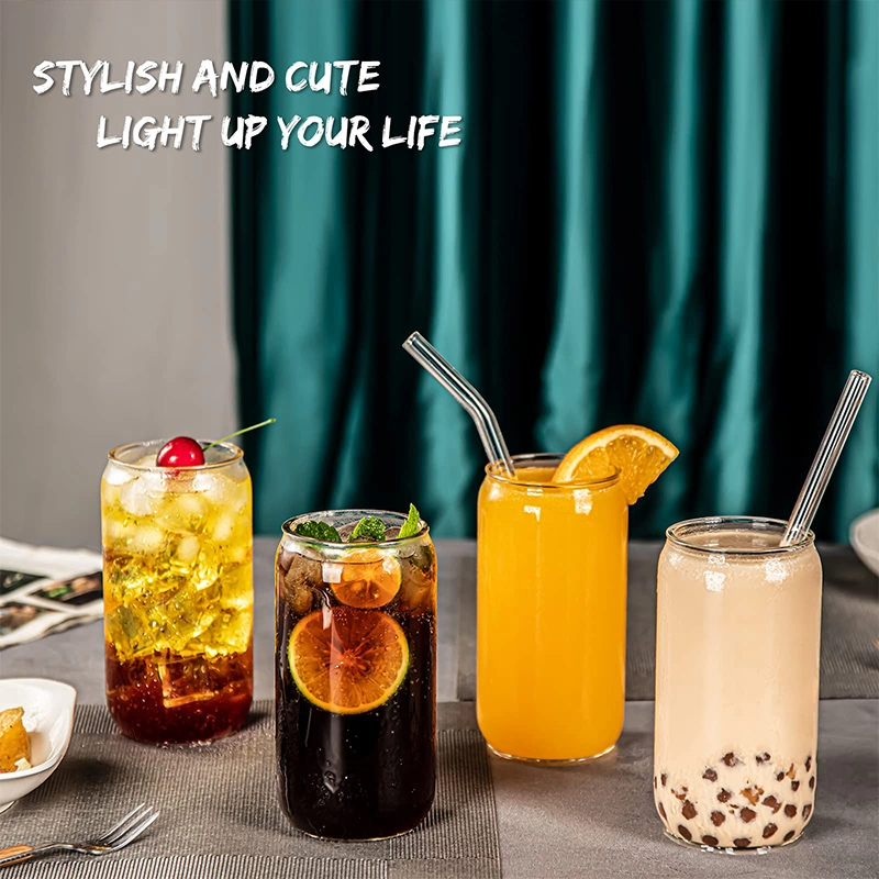 Amazon Hot Sale Drinking Glasses 6 PCS 16oz Soda Can Shaped Glass Cups Set with Straw for Smoothie Boba Tea Whiskey Water Iced Coffee