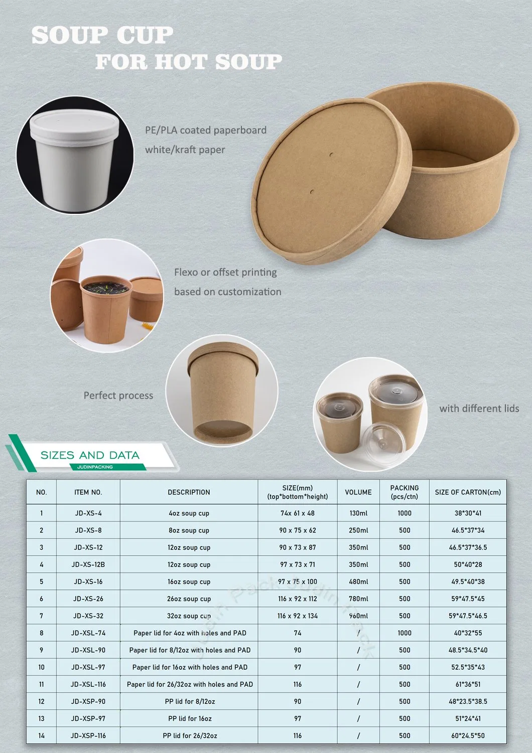 Compostable Customized Logo Take out Containers with Lids Disposable Heavy Duty Kraft Paper Soup Containers