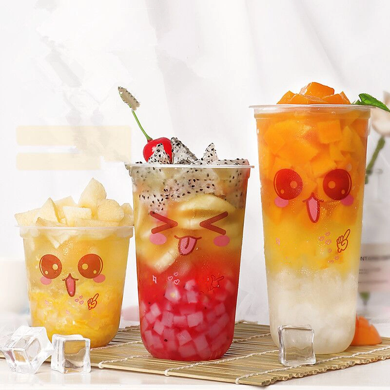 Cute Expression Pattern 90 Caliber High Transparent Disposable Plastic Cup Milk Tea Juice Beverage Packaging Cups