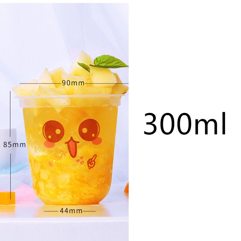 Cute Expression Pattern 90 Caliber High Transparent Disposable Plastic Cup Milk Tea Juice Beverage Packaging Cups