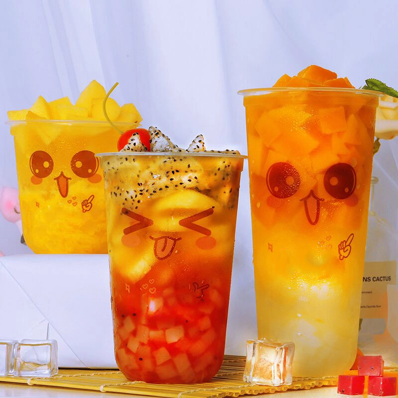 Cute Expression Pattern 90 Caliber High Transparent Disposable Plastic Cup Milk Tea Juice Beverage Packaging Cups
