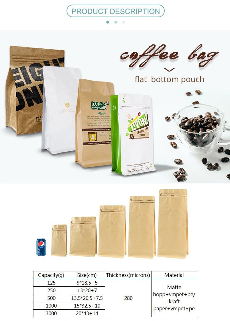 Upright Moisture Proof Flat Bottom Bag Private Label Coffee Bags