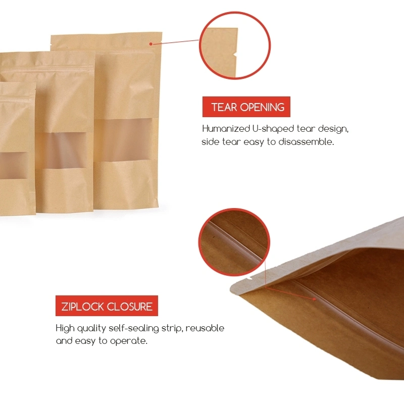 Custom Printed Eco Friendly Food Grade Biodegradable Heat Seal Empty Stand up Zip Lock Kraft Paper Zipper Tea Packaging Bag