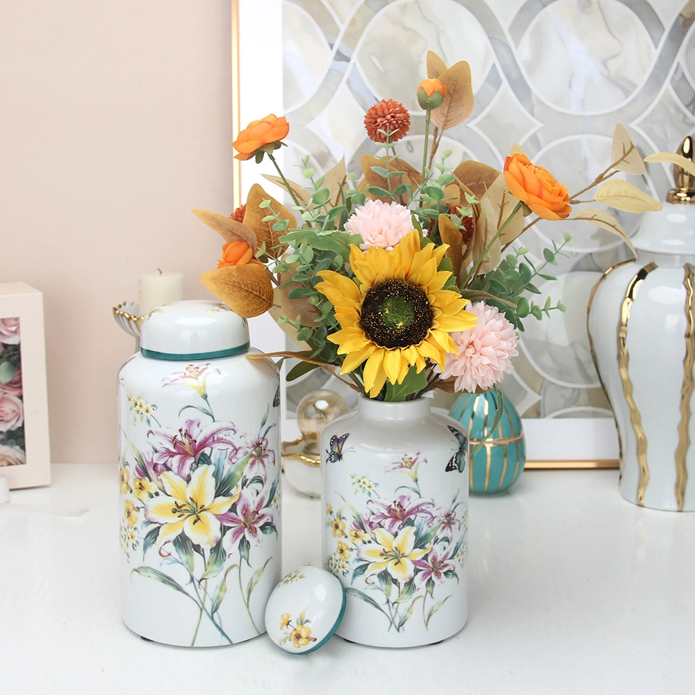 J043 Modern Porcelain Lily Pattern Tea Jar Canister Ceramic Cylinder White Flower Decor Jar with Lid