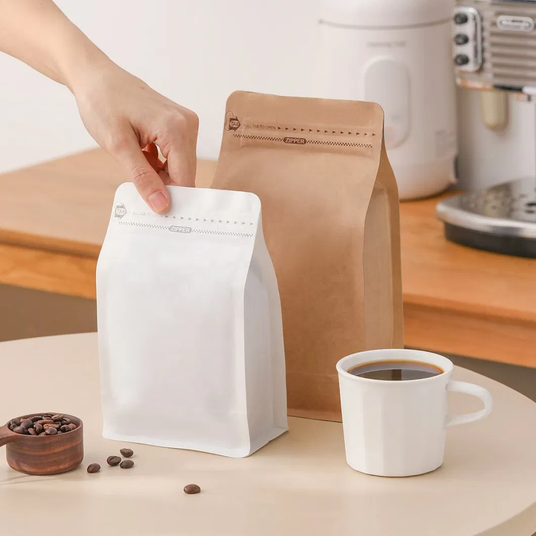 Kraft Paper Resealable 1kg 500g 250g Matt Flat Bottom White Plastic Aluminum Foil Pack Coffee Bag with Valve and Zipper Popular