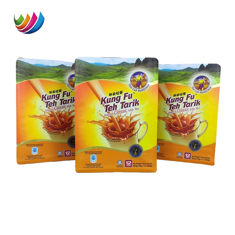 OEM Eight Side Seal Flap Bottom Pouch Instant Milk Tea Packaging