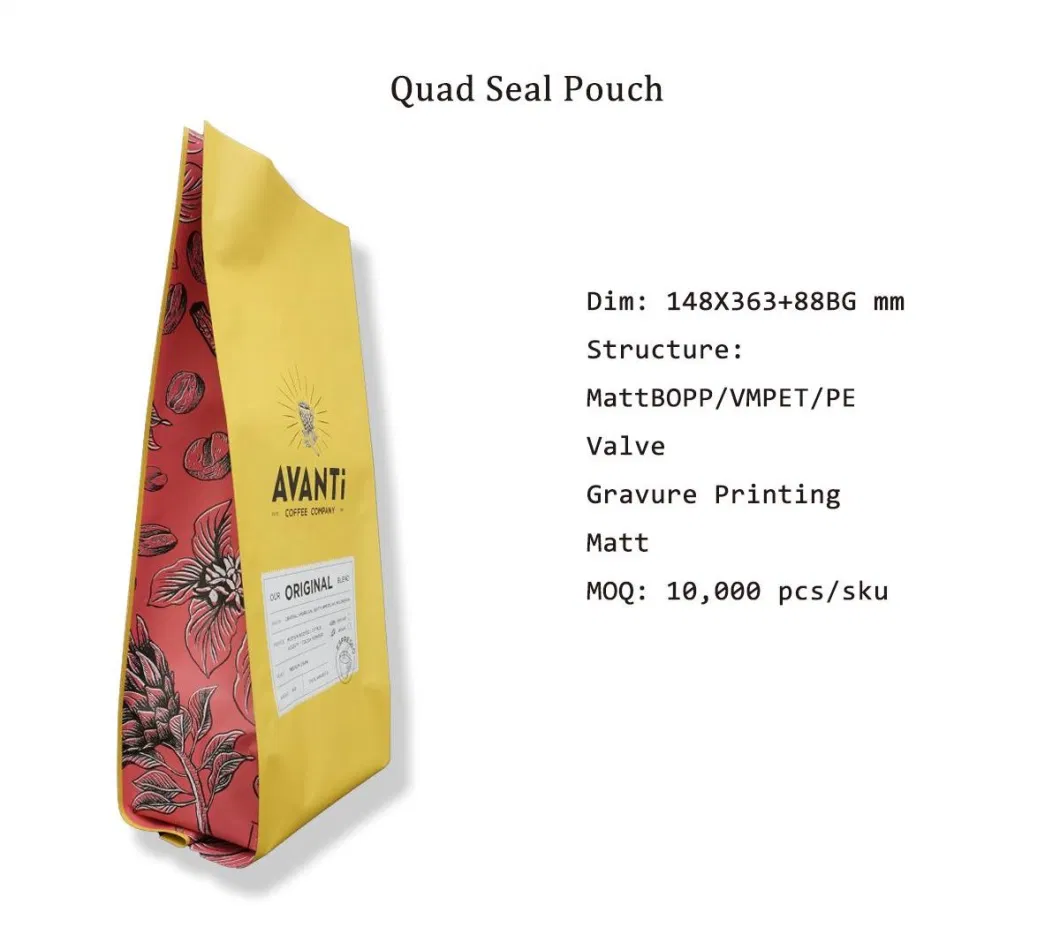Custom Printed Food Grade Side Gusset Quad Seal Plastic Coffee Packaging Pouches Bag
