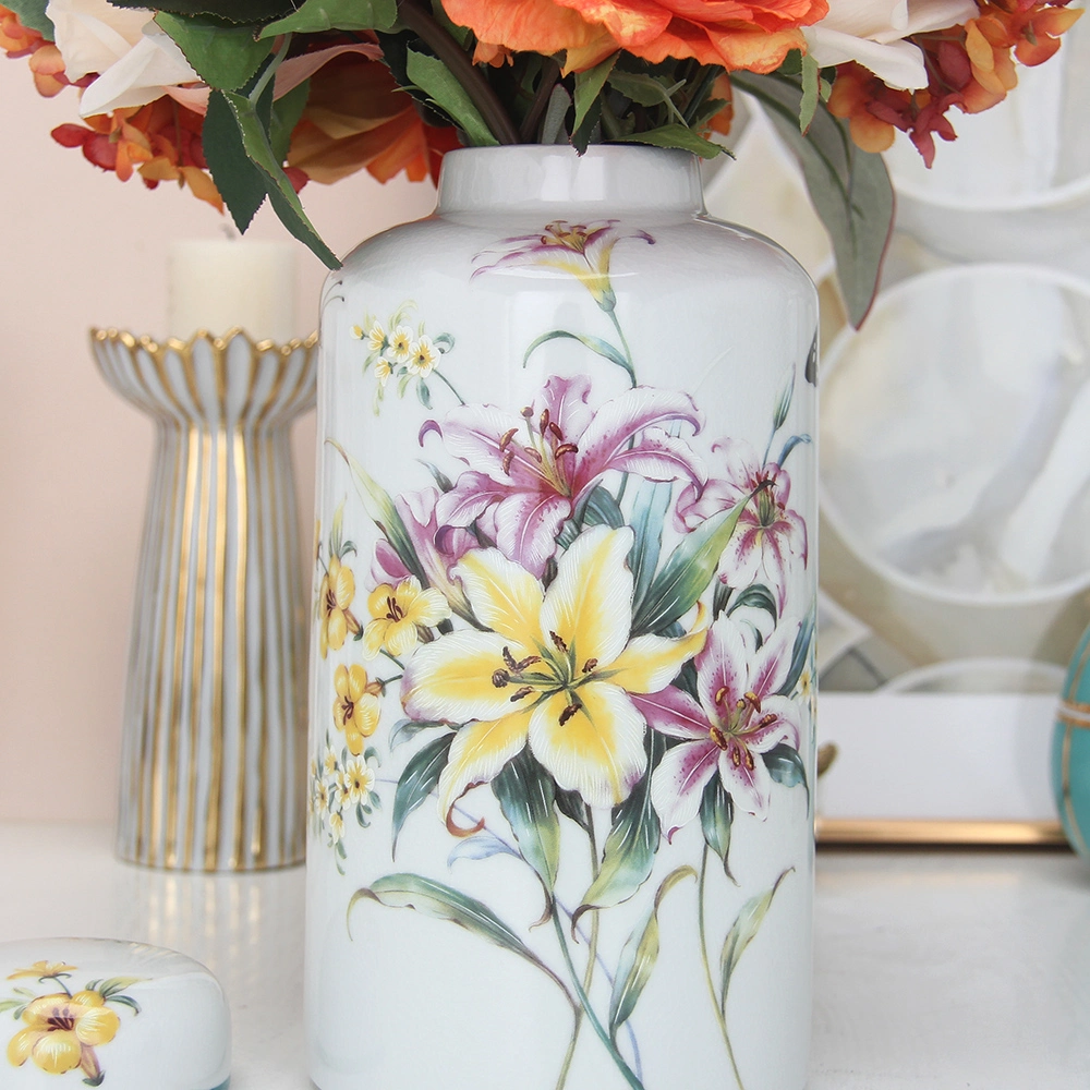 J043 Modern Porcelain Lily Pattern Tea Jar Canister Ceramic Cylinder White Flower Decor Jar with Lid
