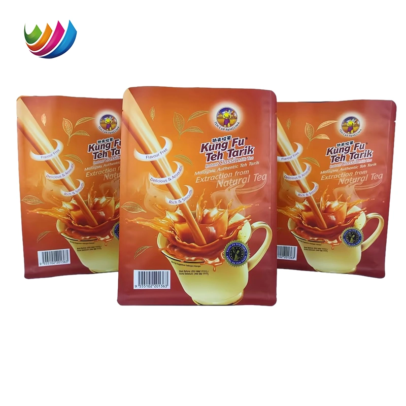 OEM Eight Side Seal Flap Bottom Pouch Instant Milk Tea Packaging