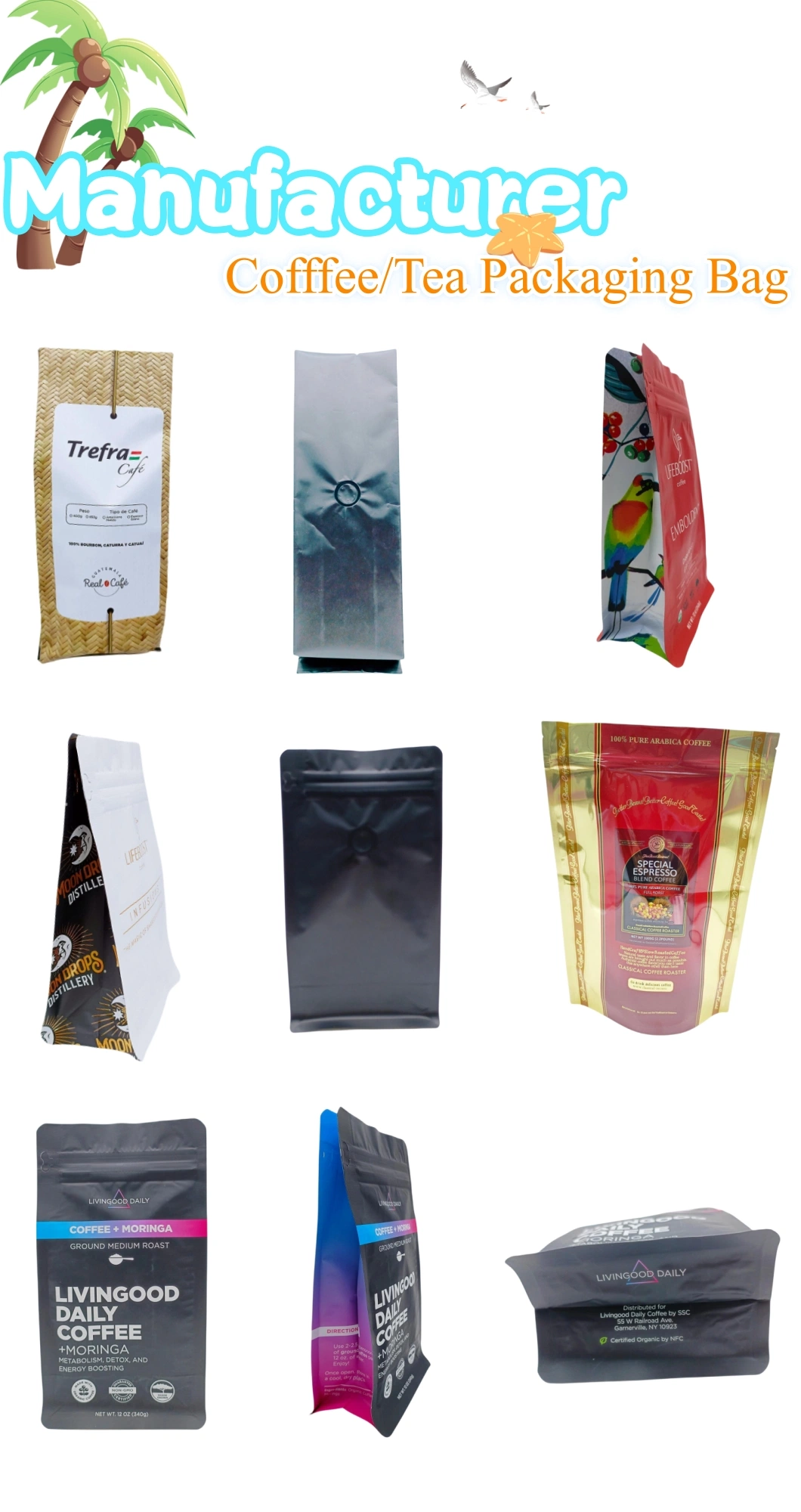 Heat Sealable Food Storage Mylar Aluminum Foil Bags Plastic Packaging Bag for Coffee Beans, Tea, Grains
