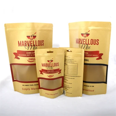Custodia per imballaggio con zip biodegradabile personalizzata con chiusura a zip impermeabile Kraft sacchetto di carta per caffè, tè, alimenti per animali domestici