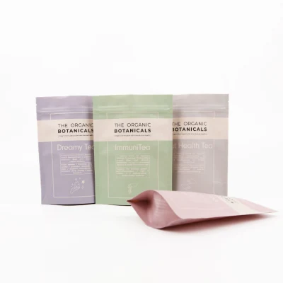 Confezione di astuccio per caffè in carta Kraft con fondo piatto e stampa personalizzata compostabile Sacchetti con valvola e zip per tè al caffè