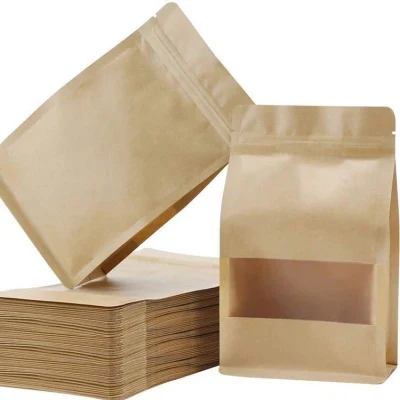 Materiale biodegradabile personalizzato 100% con chiusura a zip a fondo piatto Kraft marrone Sacchetto di carta PLA per tè e caffè