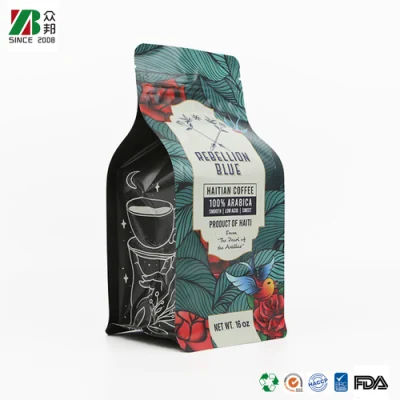 Sacchetti per caffè a fondo piatto vuoti compostabili personalizzati con valvola e cerniera per impacchettamento caffè/tè