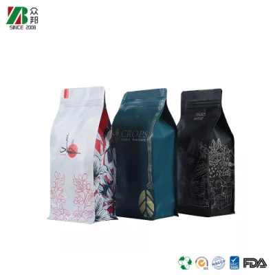 Confezione vuota biodegradabile sacchetto di caffè con valvola a otto lati sigillato Compostabile