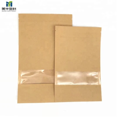Materiale biodegradabile personalizzato 100% con chiusura a zip a fondo piatto Kraft marrone Sacchetto di carta PLA per tè e caffè