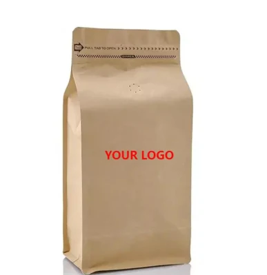Carta per caffè Kraft biodegradabile compostabile da 250 gr con fascetta in stagno a fondo piatto Confezione a sacchetto per tè e caffè con valvola per il confezionamento del caffè