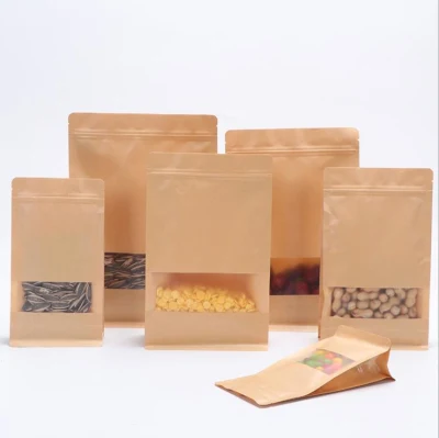 Custodia per imballaggio alimentare con zip biodegradabile personalizzata Kraft a fondo piatto Sacchetto di carta da tè per caffè