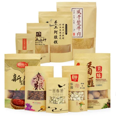Custodia per imballaggio con zip biodegradabile personalizzata con chiusura a zip impermeabile Kraft sacchetto di carta per caffè, tè, alimenti per animali domestici