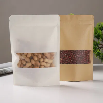 Sacchetto di carta Kraft per tè e caffè snack frutta secca, astuccio con chiusura a zip con finestra trasparente, sacchetti per il confezionamento del tè della fabbrica cinese