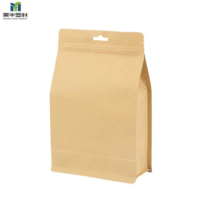 Materiale biodegradabile personalizzato 100% con chiusura a zip a fondo piatto Kraft marrone Sacchetto di carta PLA per tè e caffè