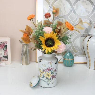 J043 vaso da tè in porcellana moderna modello giglio cilindro in ceramica Vaso bianco con fiori e coperchio
