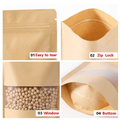 Custodia per imballaggio con zip biodegradabile personalizzata con chiusura a zip impermeabile Kraft sacchetto di carta per caffè, tè, alimenti per animali domestici